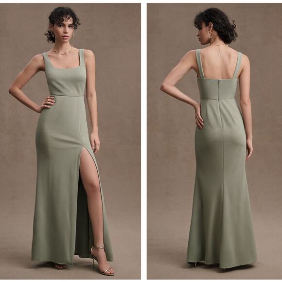 ANTHROPOLOGIE x BHLDN Ashlynn Square-Neck Crepe Side-Slit Dress Moss Sz 8 {V2} - Picture 1 of 7